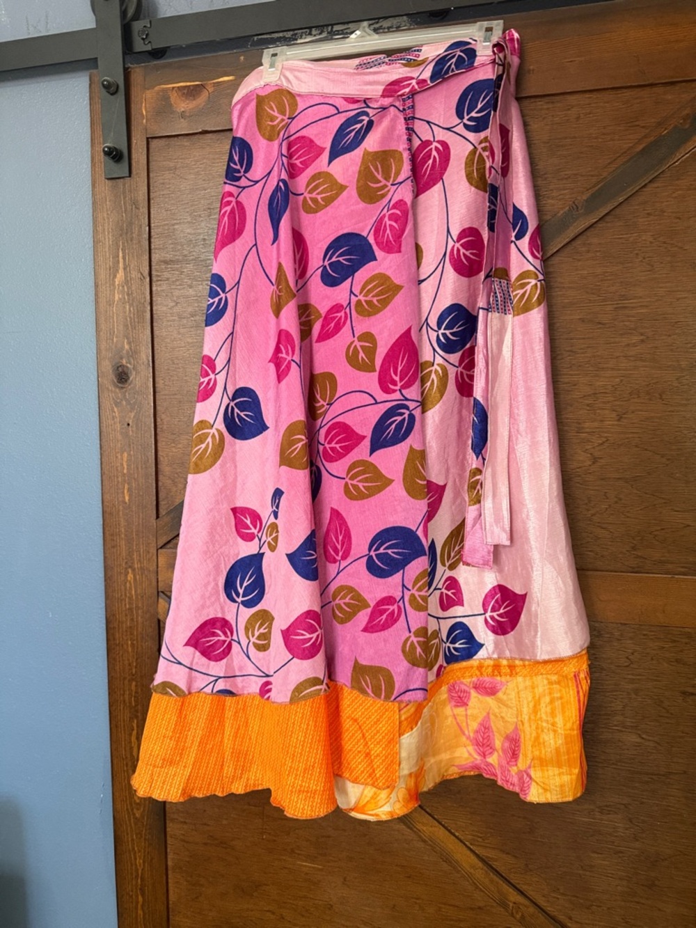 Fun Pink Leaf-Print Maxi Wrap Skirt with Orange Ruffle Hem